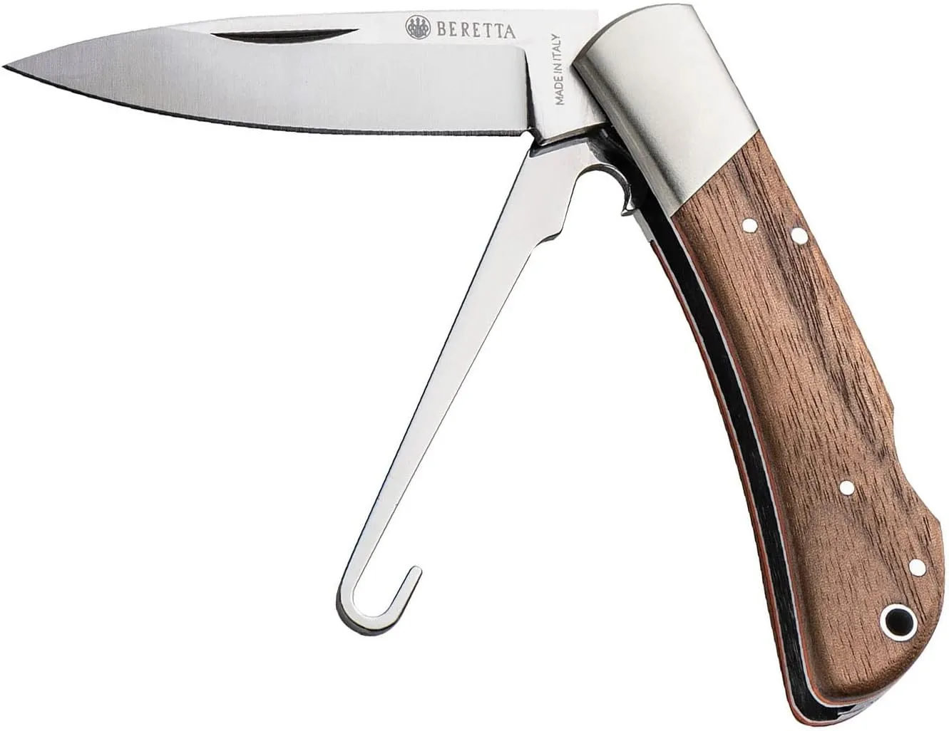 Beretta Nyala Hunting Durable Versatile Compact Stainless Steel Sharp 3" Folding Blade Knife with Bird Hook & Walnut Grip