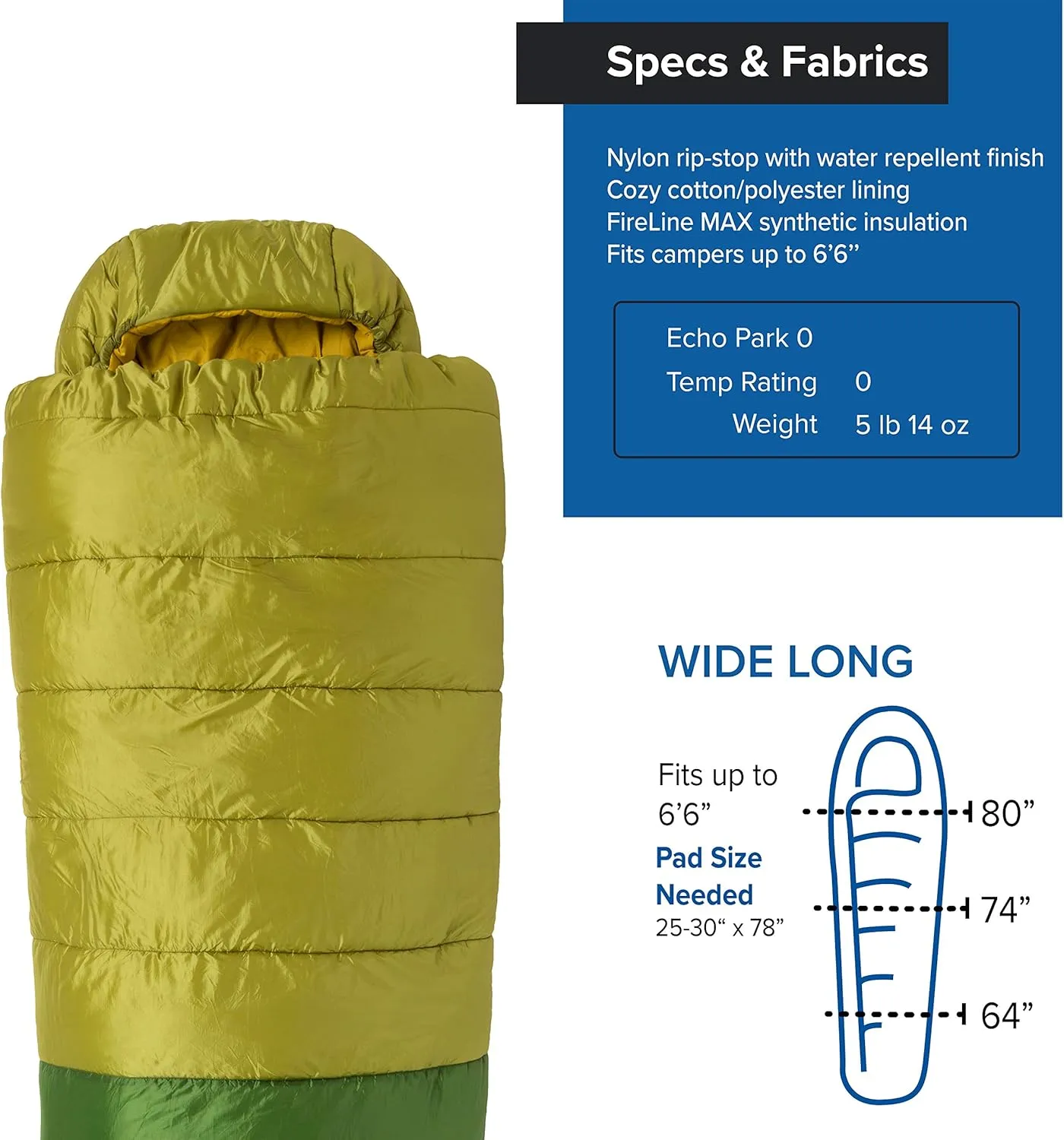 Big Agnes Echo Park Sleeping Bag - Extra Roomy Deluxe Comfort, 0°/25°/35° - Padlok Sleep System for Sleeping Pad Attachment