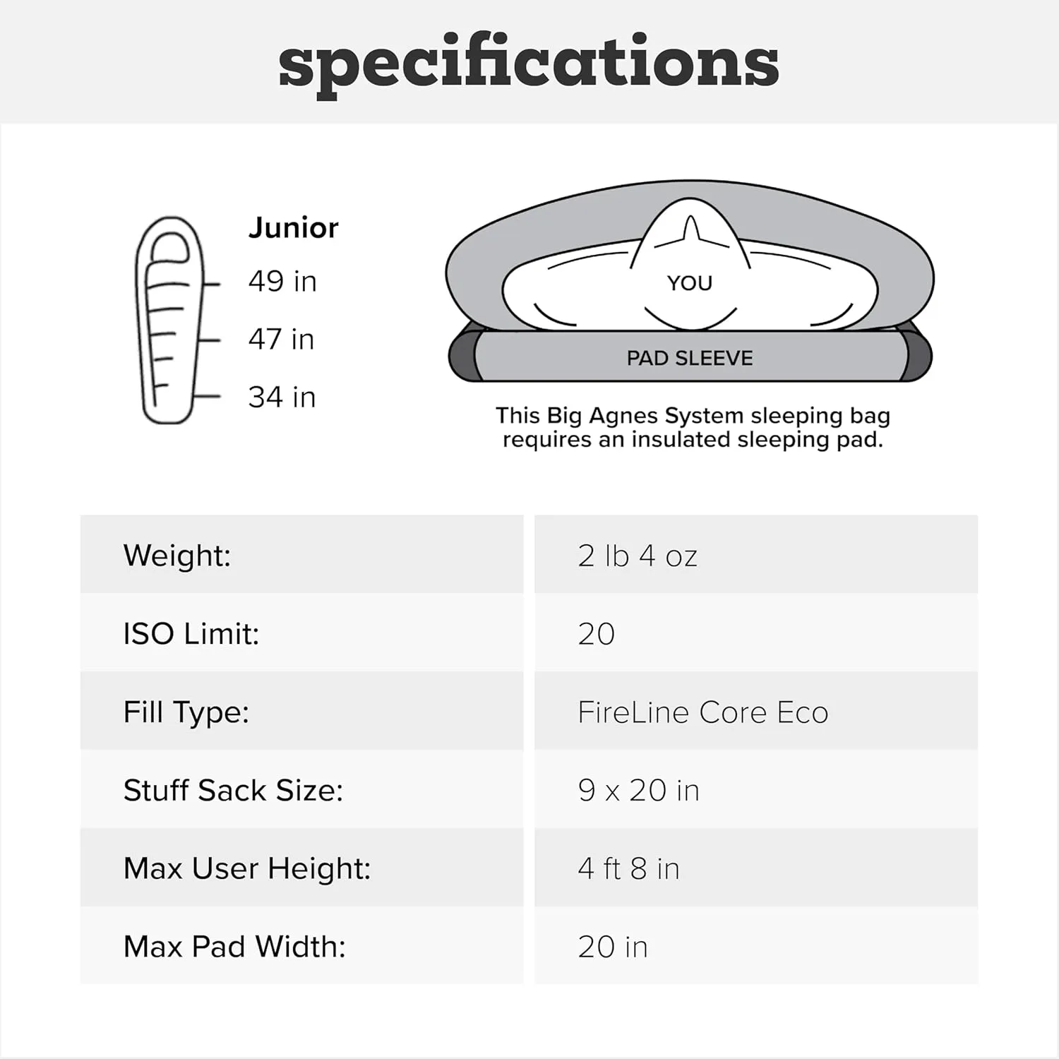 Big Agnes Ultralight Cold Weather Backpacking and Camping, Kids, Juniors, Teens, 20 Degrees