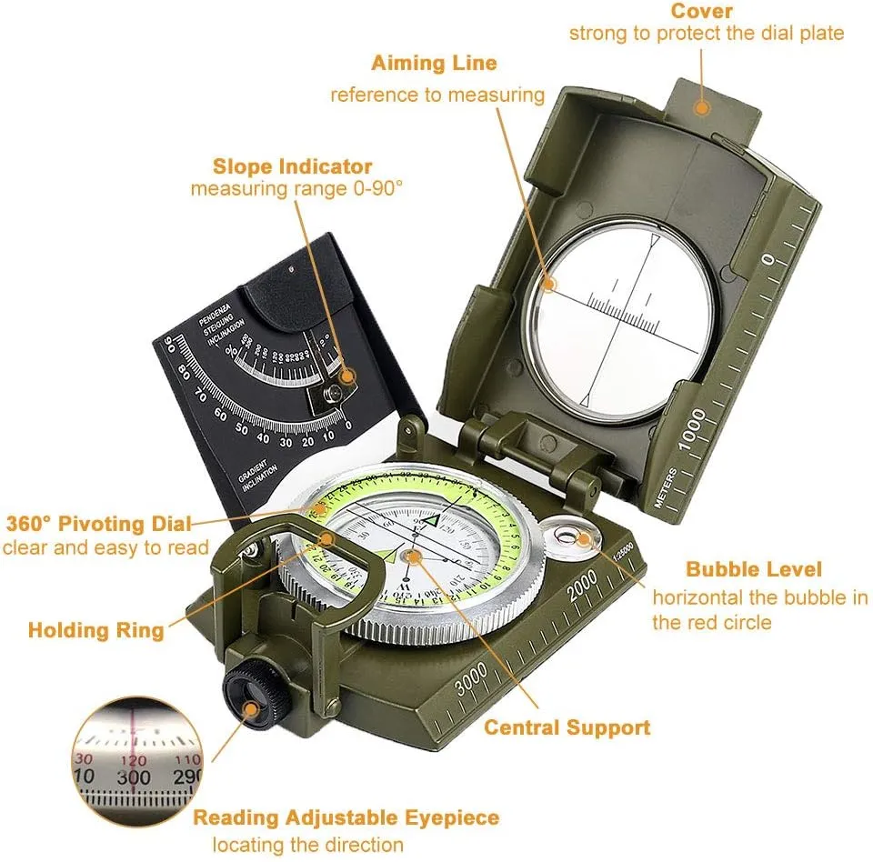 BIJIA Multifunctional Sighting Compass for Hiking,Metal Military Waterproof High Accuracy Lensatic Compass with Clinometer and Bubble Level for Hiking, Climbing, Boating, Exploring, Hunting, Geology