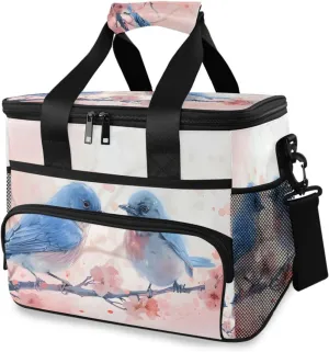 Birds Blue Cherry Blossoms Pink Cooler Bag Insulated Cooler Soft Sided Cooler 24 Can Portable Picnic Bag Large Leakproof Lunch Bag Box for Beach Grocery Camping Travel Car Men Women