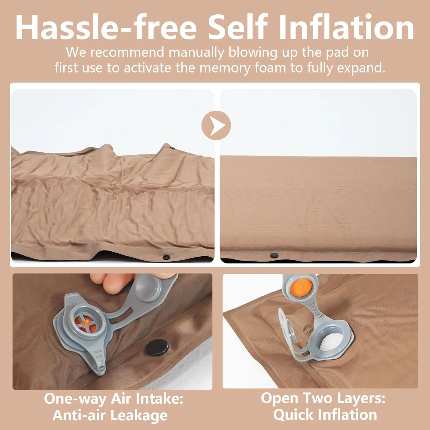 BISINNA Self Inflating Sleeping Pad Thick Foam Sleeping Mattress with Pillow for Camping Lightweight Insulated Sleeping Mat Fast Inflating for Camping Travel Car Tent