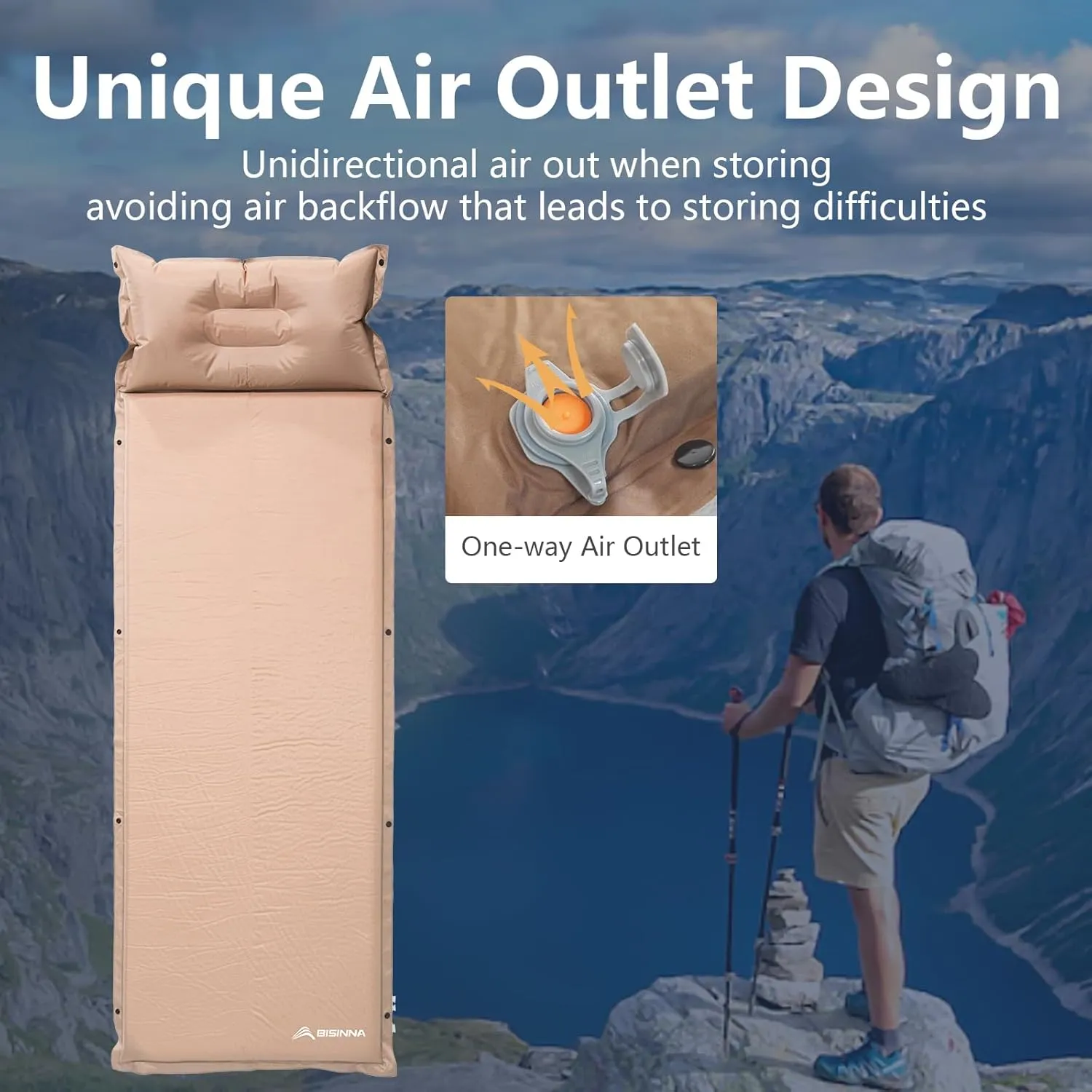 BISINNA Self Inflating Sleeping Pad Thick Foam Sleeping Mattress with Pillow for Camping Lightweight Insulated Sleeping Mat Fast Inflating for Camping Travel Car Tent