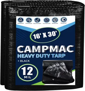 Black Tarps Heavy Duty Waterproof 16x30, 12 Mil Thick, High Durability, Rip and Tear Resistant with Metal Grommets Every 20 Inches