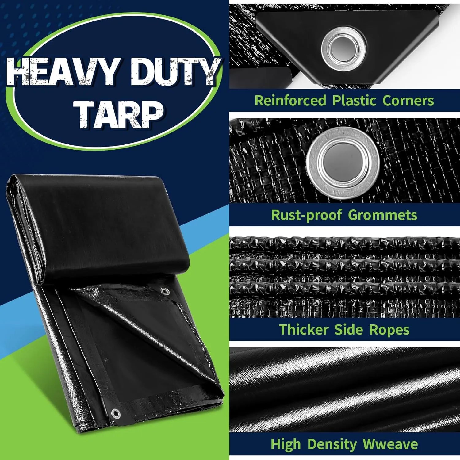 Black Tarps Heavy Duty Waterproof 16x30, 12 Mil Thick, High Durability, Rip and Tear Resistant with Metal Grommets Every 20 Inches