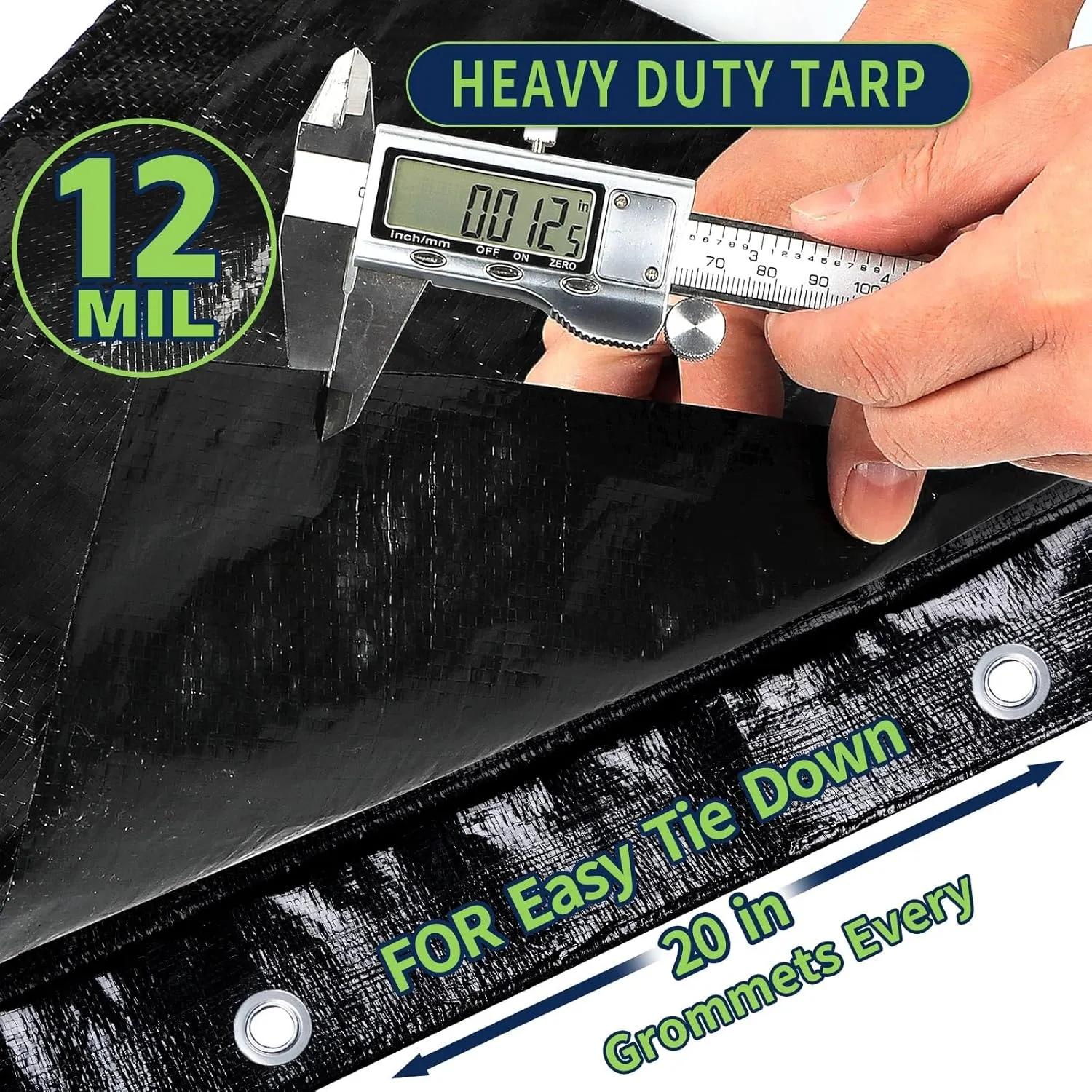 Black Tarps Heavy Duty Waterproof 16x30, 12 Mil Thick, High Durability, Rip and Tear Resistant with Metal Grommets Every 20 Inches