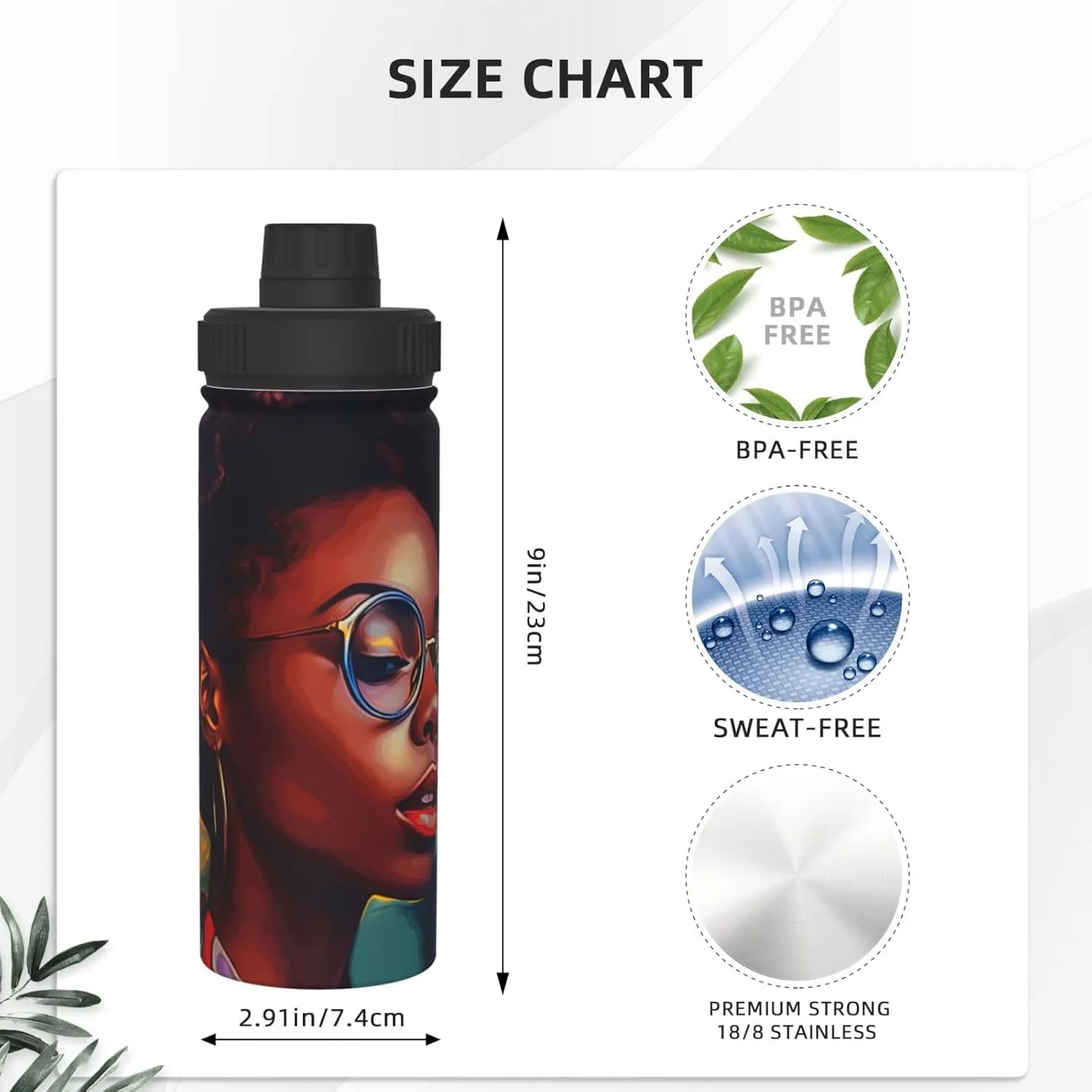 Black Woman 18 oz Stainless Steel Water Bottles Insulated Sports Water Bottle with Handle, Watercolor Double Wall Travel Water Flask for Men Women