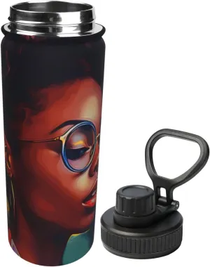 Black Woman 18 oz Stainless Steel Water Bottles Insulated Sports Water Bottle with Handle, Watercolor Double Wall Travel Water Flask for Men Women