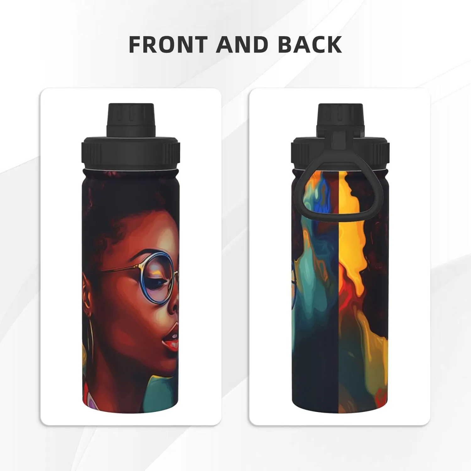 Black Woman 18 oz Stainless Steel Water Bottles Insulated Sports Water Bottle with Handle, Watercolor Double Wall Travel Water Flask for Men Women