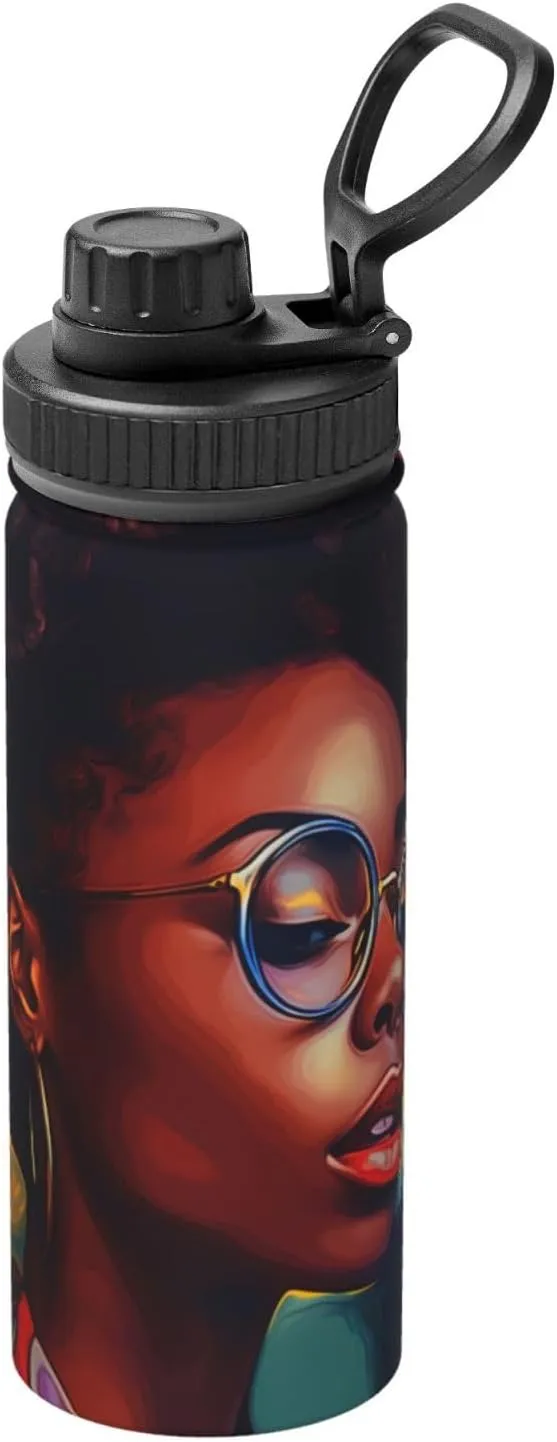 Black Woman 18 oz Stainless Steel Water Bottles Insulated Sports Water Bottle with Handle, Watercolor Double Wall Travel Water Flask for Men Women