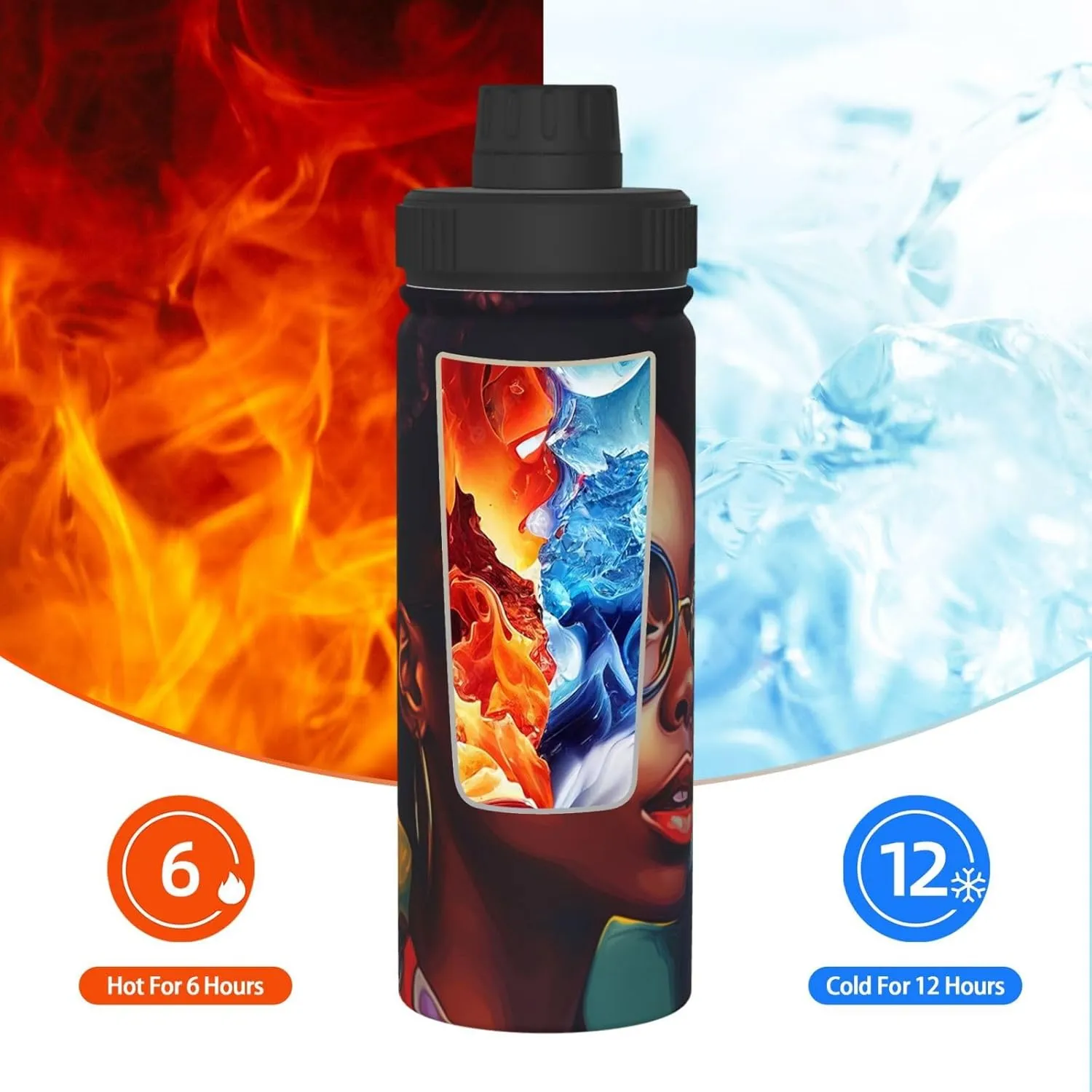 Black Woman 18 oz Stainless Steel Water Bottles Insulated Sports Water Bottle with Handle, Watercolor Double Wall Travel Water Flask for Men Women