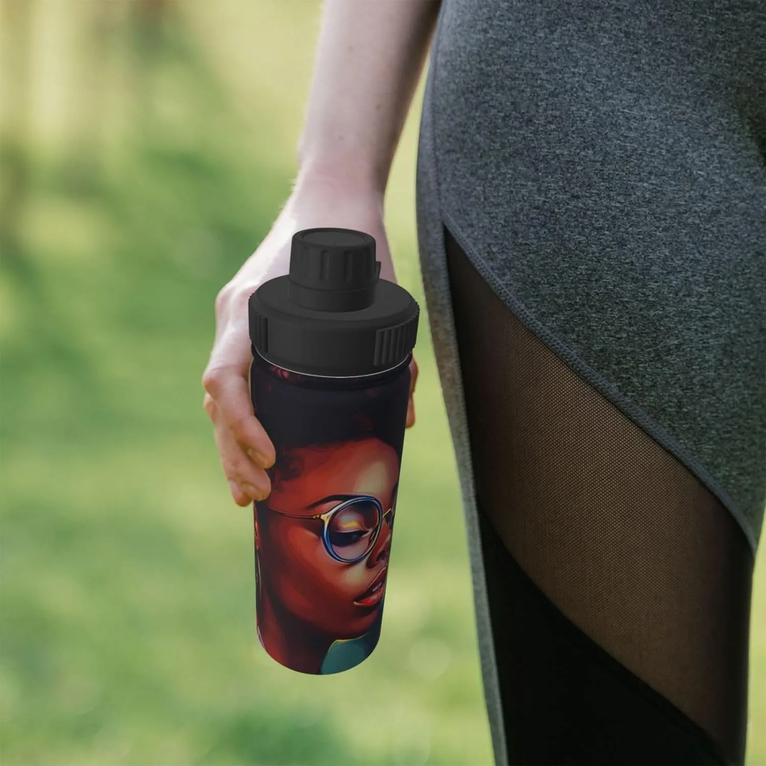Black Woman 18 oz Stainless Steel Water Bottles Insulated Sports Water Bottle with Handle, Watercolor Double Wall Travel Water Flask for Men Women