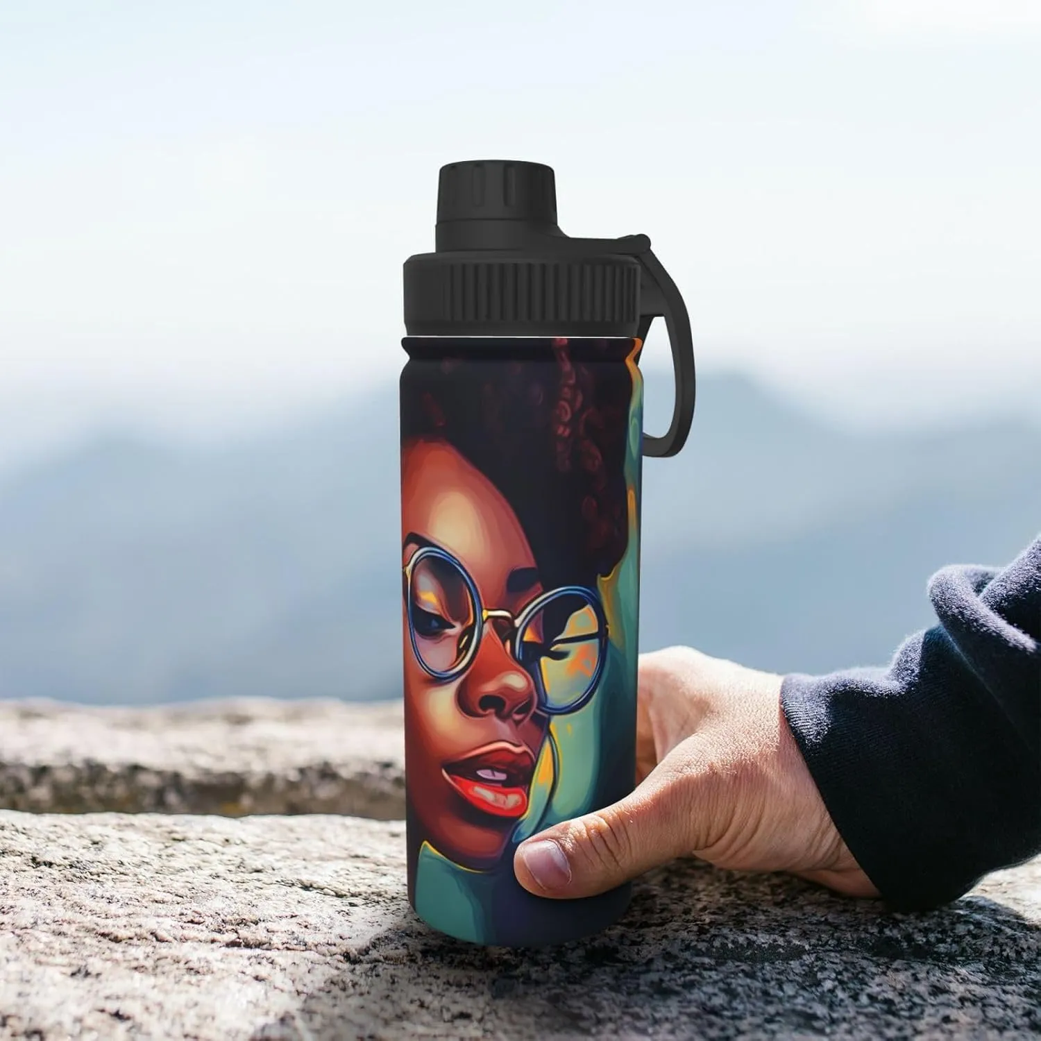 Black Woman 18 oz Stainless Steel Water Bottles Insulated Sports Water Bottle with Handle, Watercolor Double Wall Travel Water Flask for Men Women