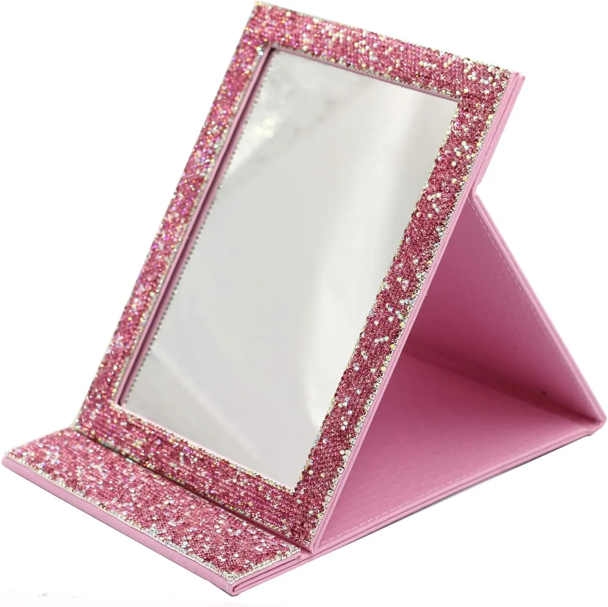 Bling Portable Mirror Folding Travel Vanity Mirror with Desktop Standing Makeup Mirror for Cosmetics Beauty (Pink)