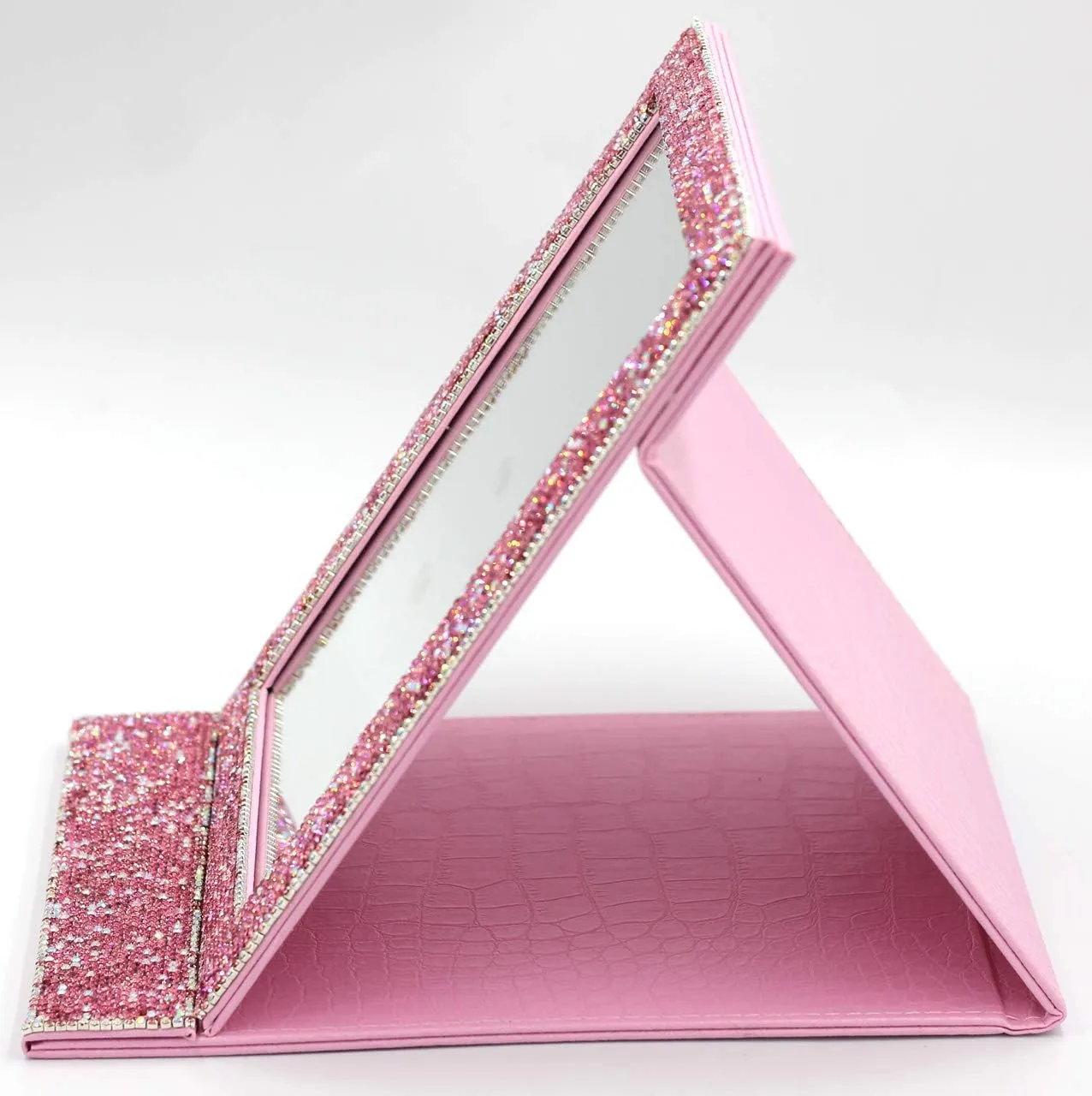 Bling Portable Mirror Folding Travel Vanity Mirror with Desktop Standing Makeup Mirror for Cosmetics Beauty (Pink)