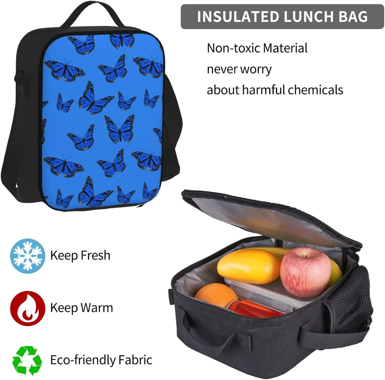 Blue Butterflies Multifunctional Pocket Backpack Crossbody Lunch Bag Pencil Case 3Pcs Set Large Capacity Backpack