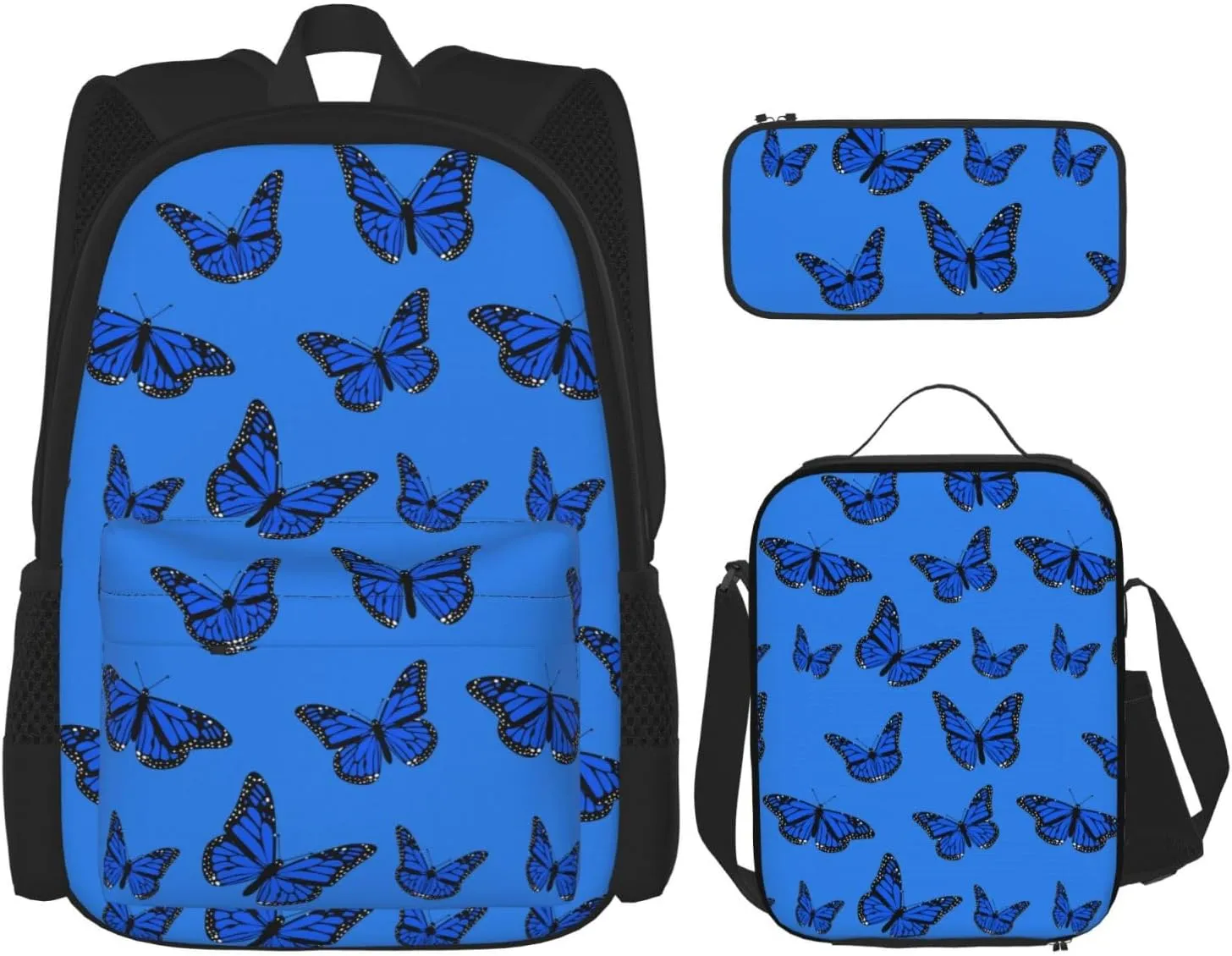 Blue Butterflies Multifunctional Pocket Backpack Crossbody Lunch Bag Pencil Case 3Pcs Set Large Capacity Backpack