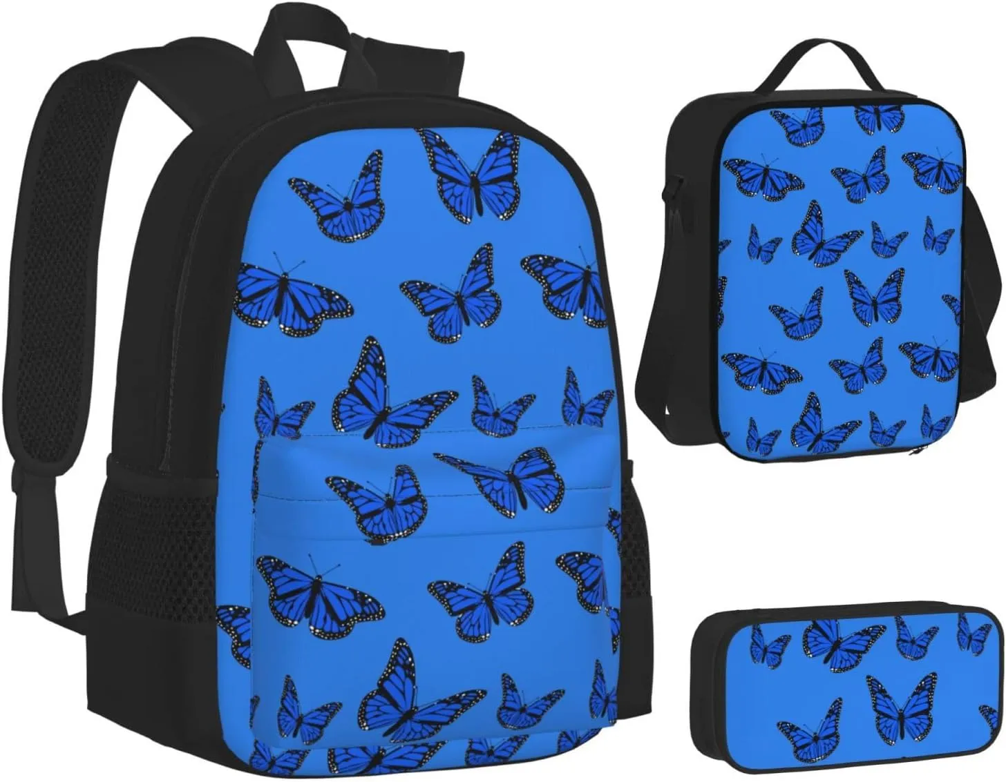 Blue Butterflies Multifunctional Pocket Backpack Crossbody Lunch Bag Pencil Case 3Pcs Set Large Capacity Backpack