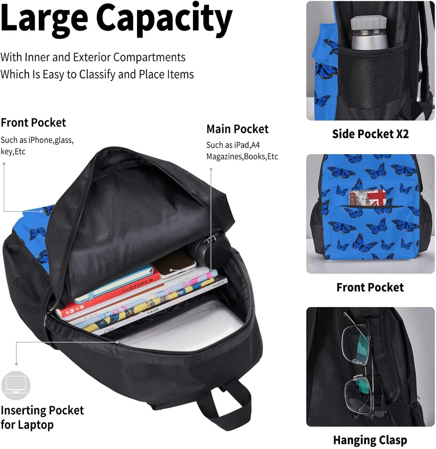 Blue Butterflies Multifunctional Pocket Backpack Crossbody Lunch Bag Pencil Case 3Pcs Set Large Capacity Backpack