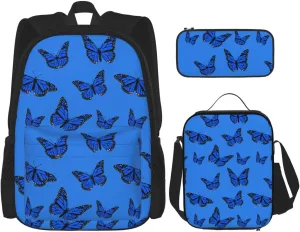 Blue Butterflies Multifunctional Pocket Backpack Crossbody Lunch Bag Pencil Case 3Pcs Set Large Capacity Backpack