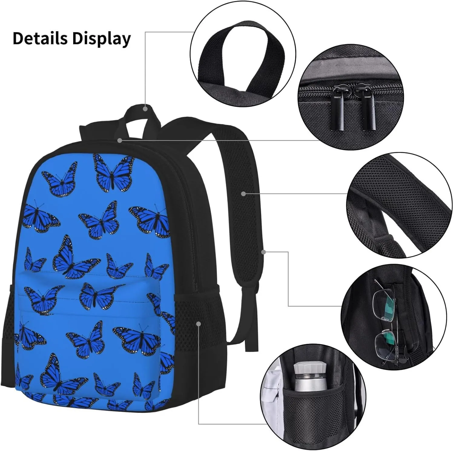 Blue Butterflies Multifunctional Pocket Backpack Crossbody Lunch Bag Pencil Case 3Pcs Set Large Capacity Backpack