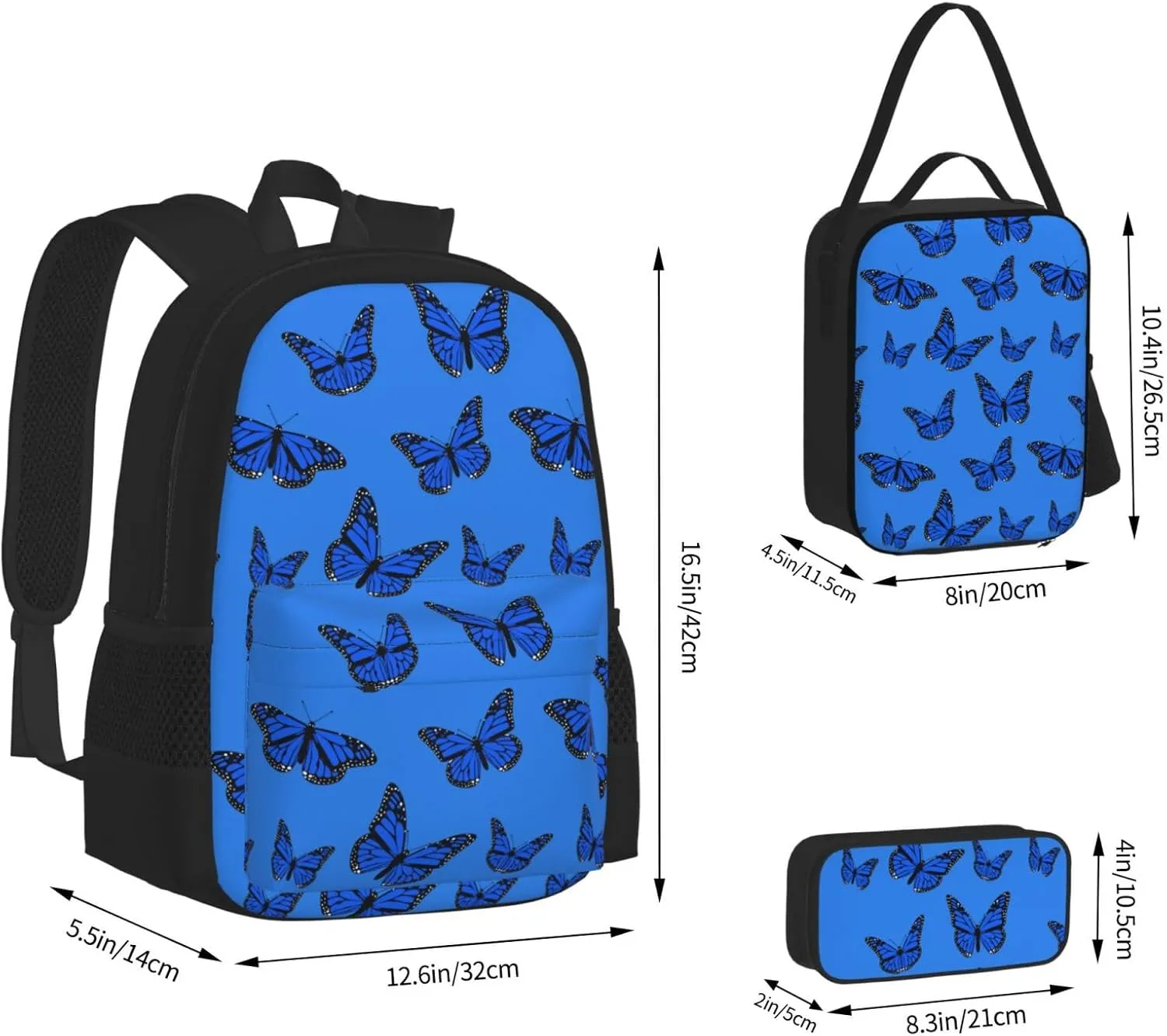 Blue Butterflies Multifunctional Pocket Backpack Crossbody Lunch Bag Pencil Case 3Pcs Set Large Capacity Backpack