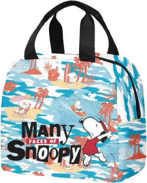 Blue Cartoon White Dog Insulated Lunch Bag with Front Pocket Sturdy Handle & Zipper Closure