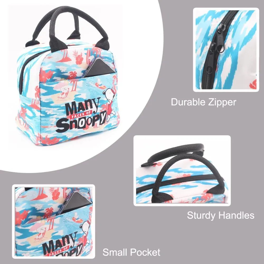 Blue Cartoon White Dog Insulated Lunch Bag with Front Pocket Sturdy Handle & Zipper Closure