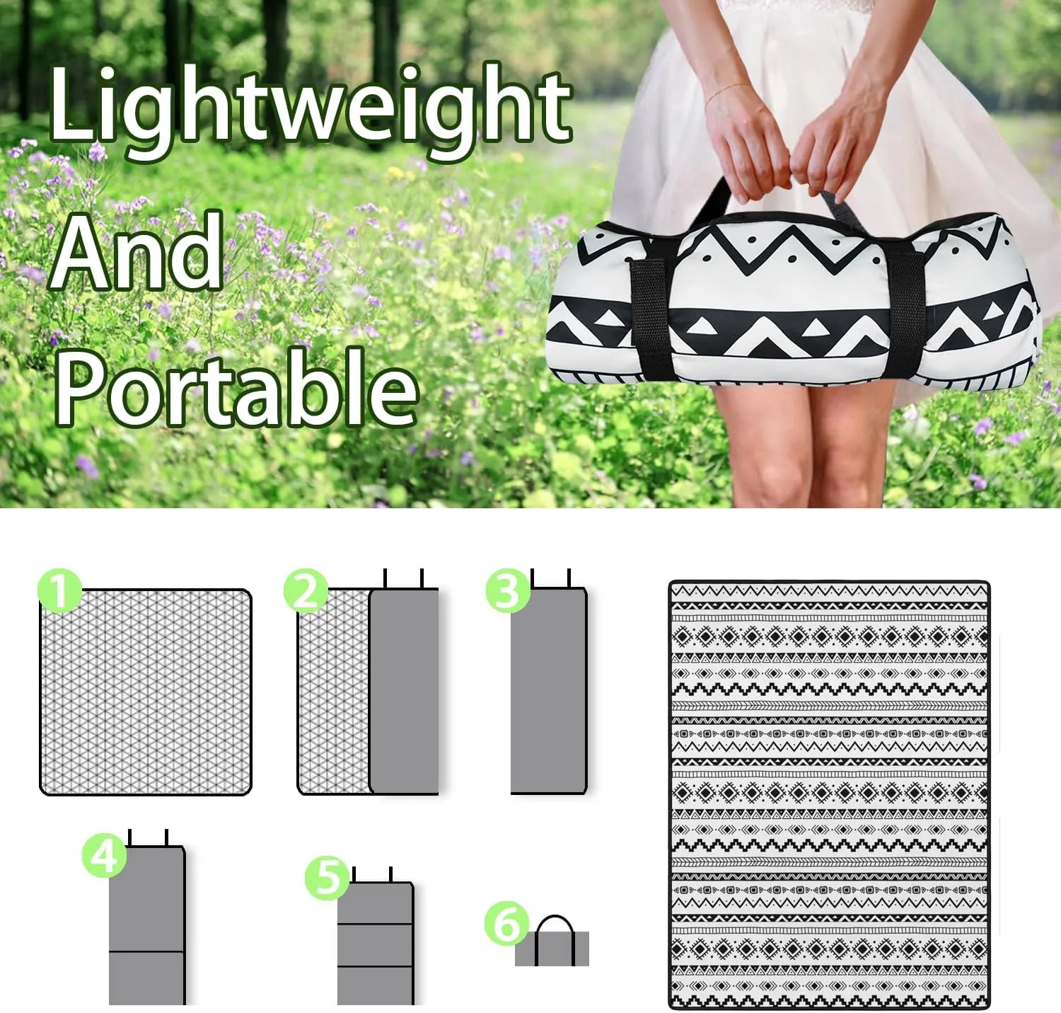Boho Picnic Blankets Waterproof Foldable, 60’‘x80'' Portable Outdoor Picnic Mat Water Resistant for Grass, Padded Lawn & Park Blanket for Camping, Hiking
