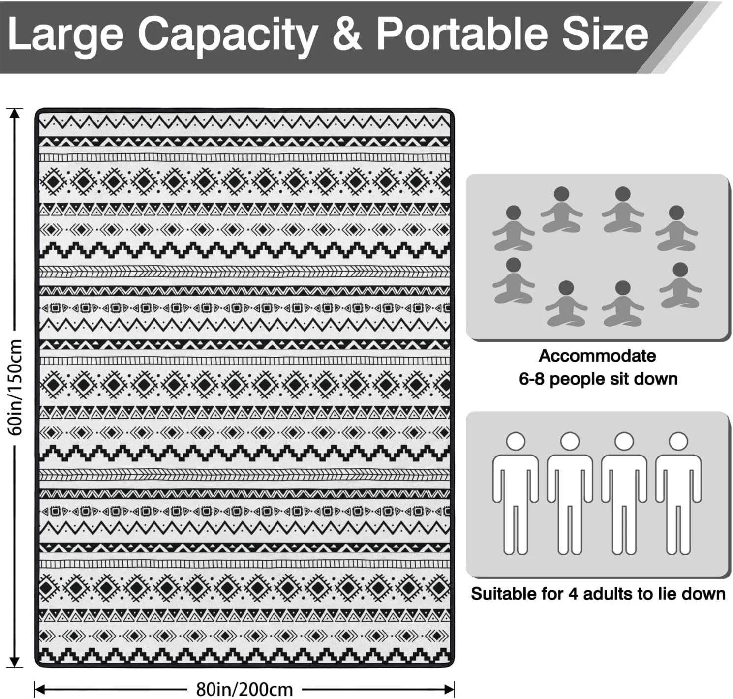 Boho Picnic Blankets Waterproof Foldable, 60’‘x80'' Portable Outdoor Picnic Mat Water Resistant for Grass, Padded Lawn & Park Blanket for Camping, Hiking
