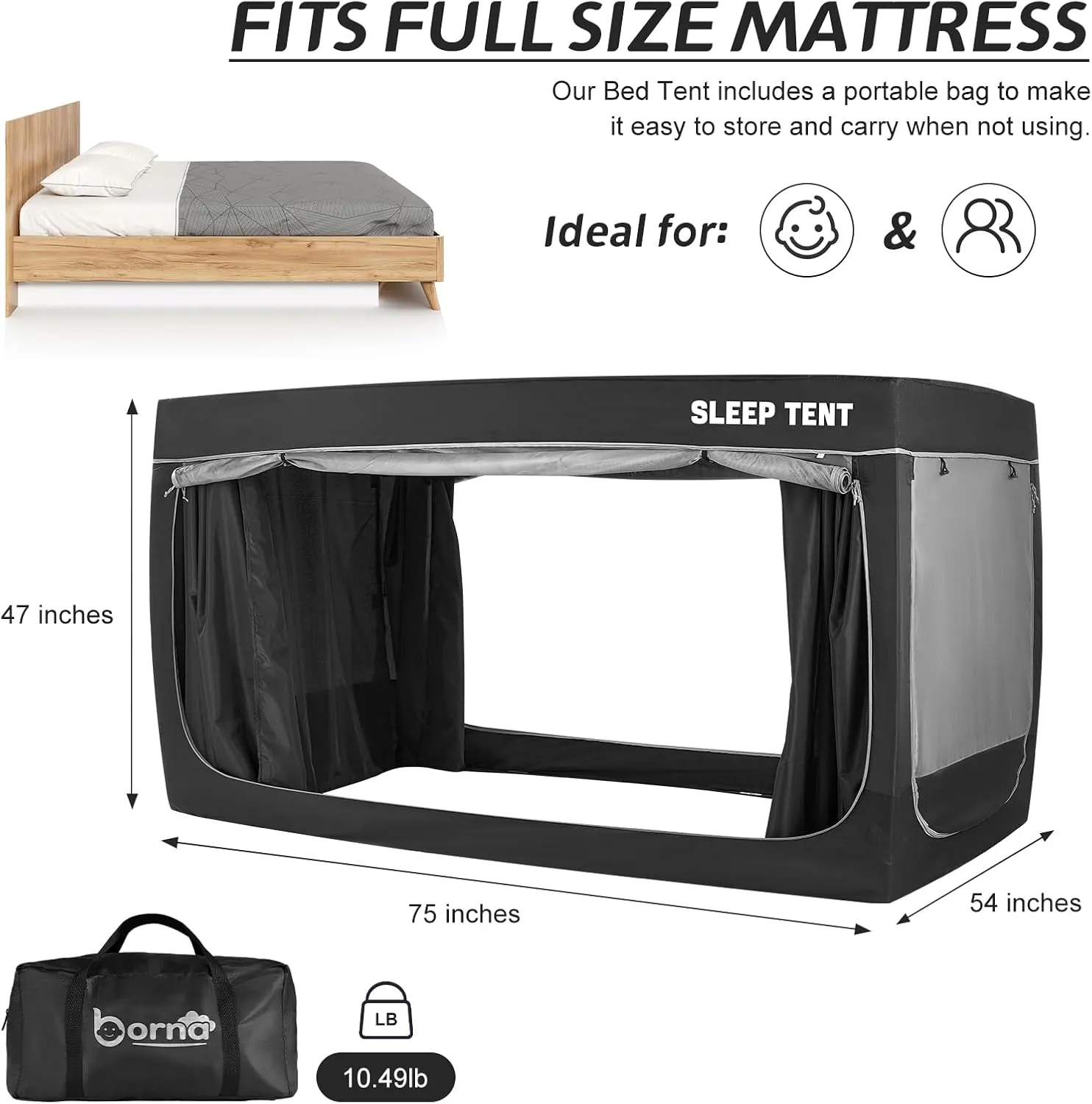 BORNA Bed Tent Mosquito Tents Full Size Tents Bed Canopy for Adult ant Kids, Indoor Portable 80% Blackout Sleeping Tents Breathable Privacy Adjustable Curtains with 4 Doors (Full)