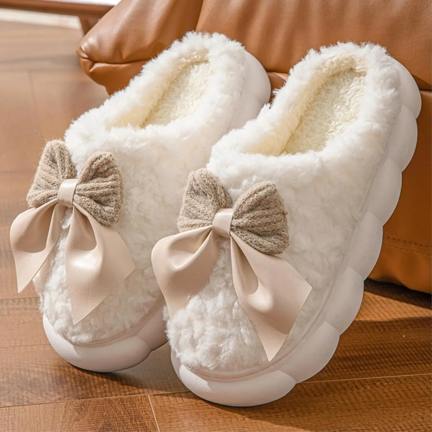 Bow Tie Slippers Cozy Soft Plush Slippers for Womens Lightweight Thick Sole Slippers Winter House Warm Slippers Shoes Indoor Non Slip Home Slippers Ladies Bedroom Fuzzy Slipper