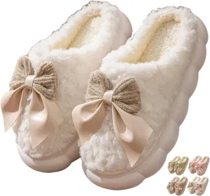 Bow Tie Slippers Cozy Soft Plush Slippers for Womens Lightweight Thick Sole Slippers Winter House Warm Slippers Shoes Indoor Non Slip Home Slippers Ladies Bedroom Fuzzy Slipper