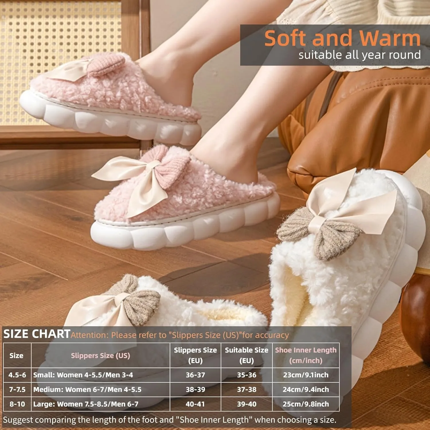 Bow Tie Slippers Cozy Soft Plush Slippers for Womens Lightweight Thick Sole Slippers Winter House Warm Slippers Shoes Indoor Non Slip Home Slippers Ladies Bedroom Fuzzy Slipper