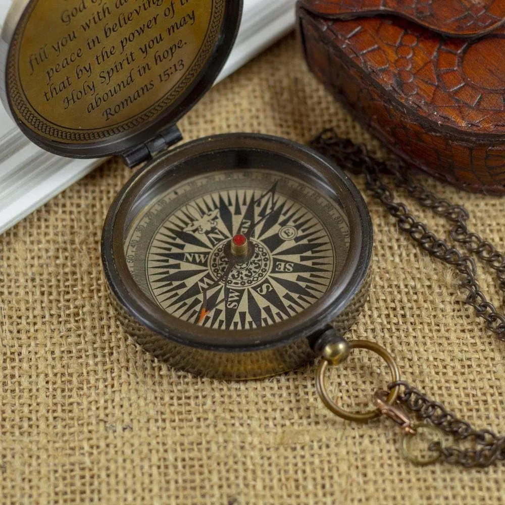 Brass 2.25" Pocket Magnetic Compass with Chain Nautical Boat Decor Antique Steampunk Style Sun dial Engraved Gifts Directional Pirate Hiking Travel Camping Compass