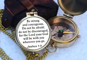 Brass Compass | Engraved Religious Joshua 1:9 Quote Gift, Be Strong & Courageous