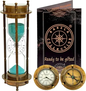 Brass Compass Hourglass Nautical Maritime Sand Timer & Desk Clock Vintage Hour Glass Metal Sand Watch Sand Clock Decorative Sandglass for Gift & Home Office Decor (Patina Antique with Green Sand)