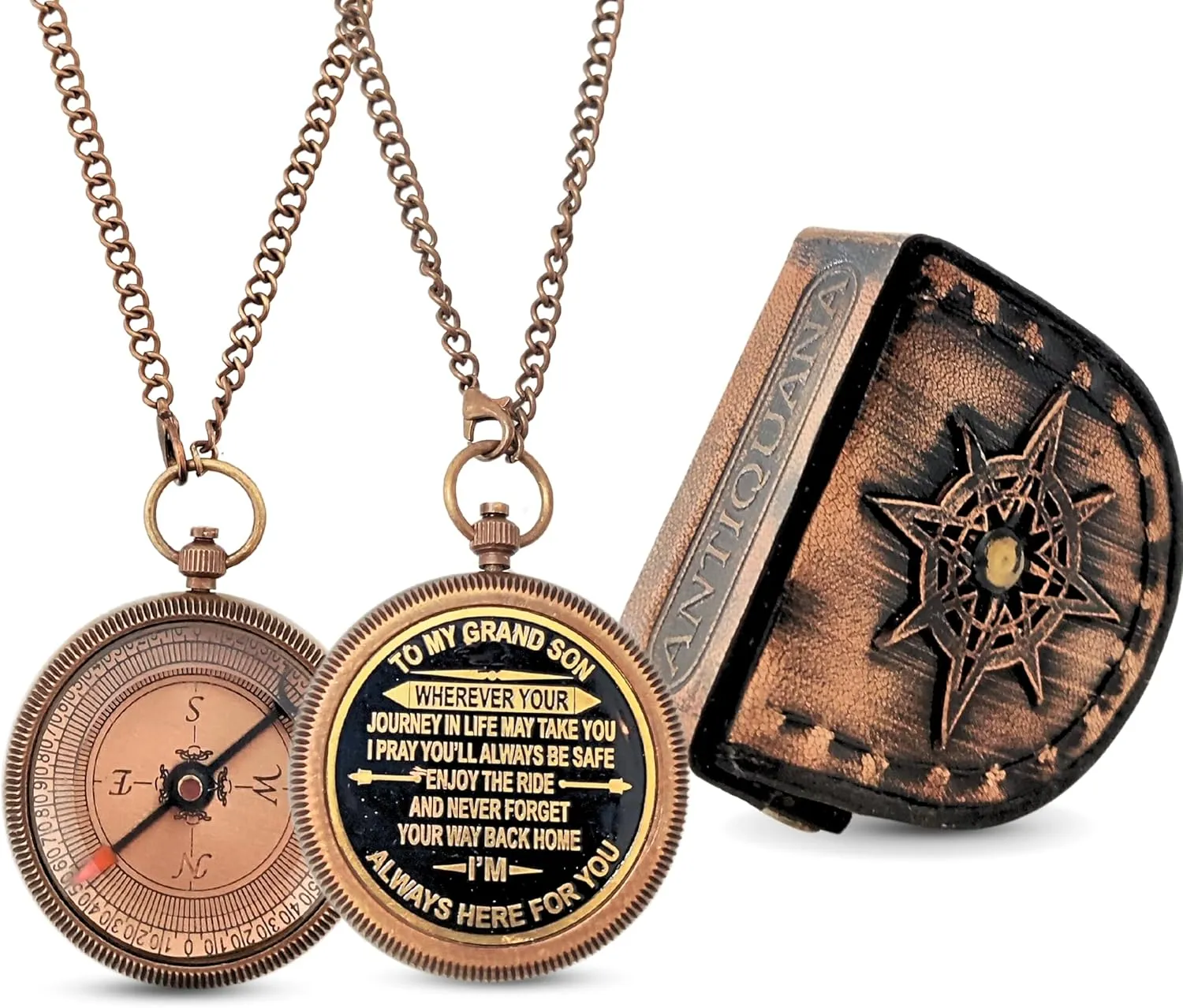 Brass Compass in Wooden & Leather Case - 2025 Graduation Gift for Him, College, High School, Birthday Gift for Son, Boys, Daughter, Inspirational, Baptism