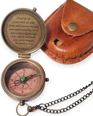 Brass Compass with Unique Print Trust in The Lord Quote, Leather Case, for Camping, Boating