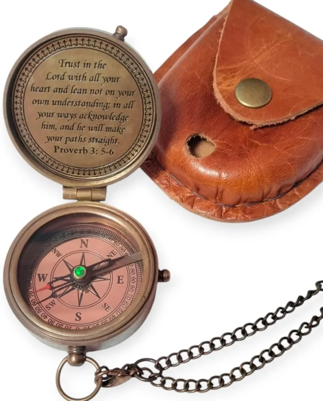 Brass Compass with Unique Print Trust in The Lord Quote, Leather Case, for Camping, Boating