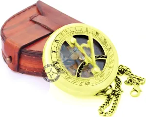 Brass Pocket Sundial Compass for Navigation Outdoor Activities Camping Hiking 3 inch with Leather Box