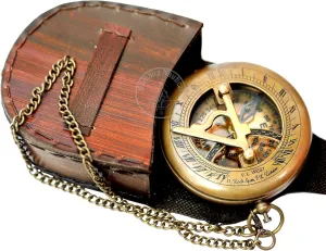 Brass Sundial Compass with Leather Case and Chain - Push Open Compass - Steampunk Accessory - Antiquated Finish - Beautiful Handmade Gift -Sundial Clock