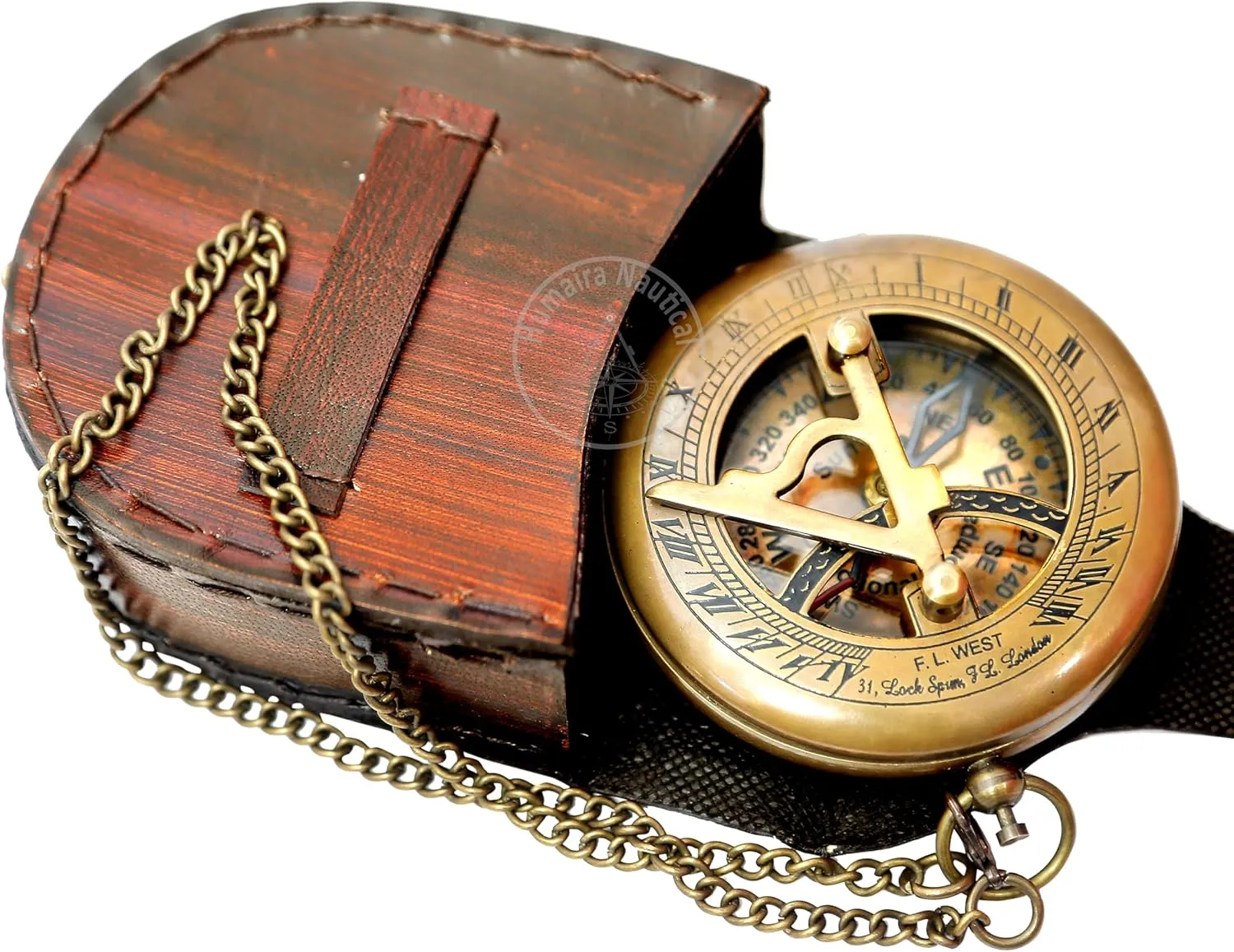 Brass Sundial Compass with Leather Case and Chain - Push Open Compass - Steampunk Accessory - Antiquated Finish - Beautiful Handmade Gift -Sundial Clock