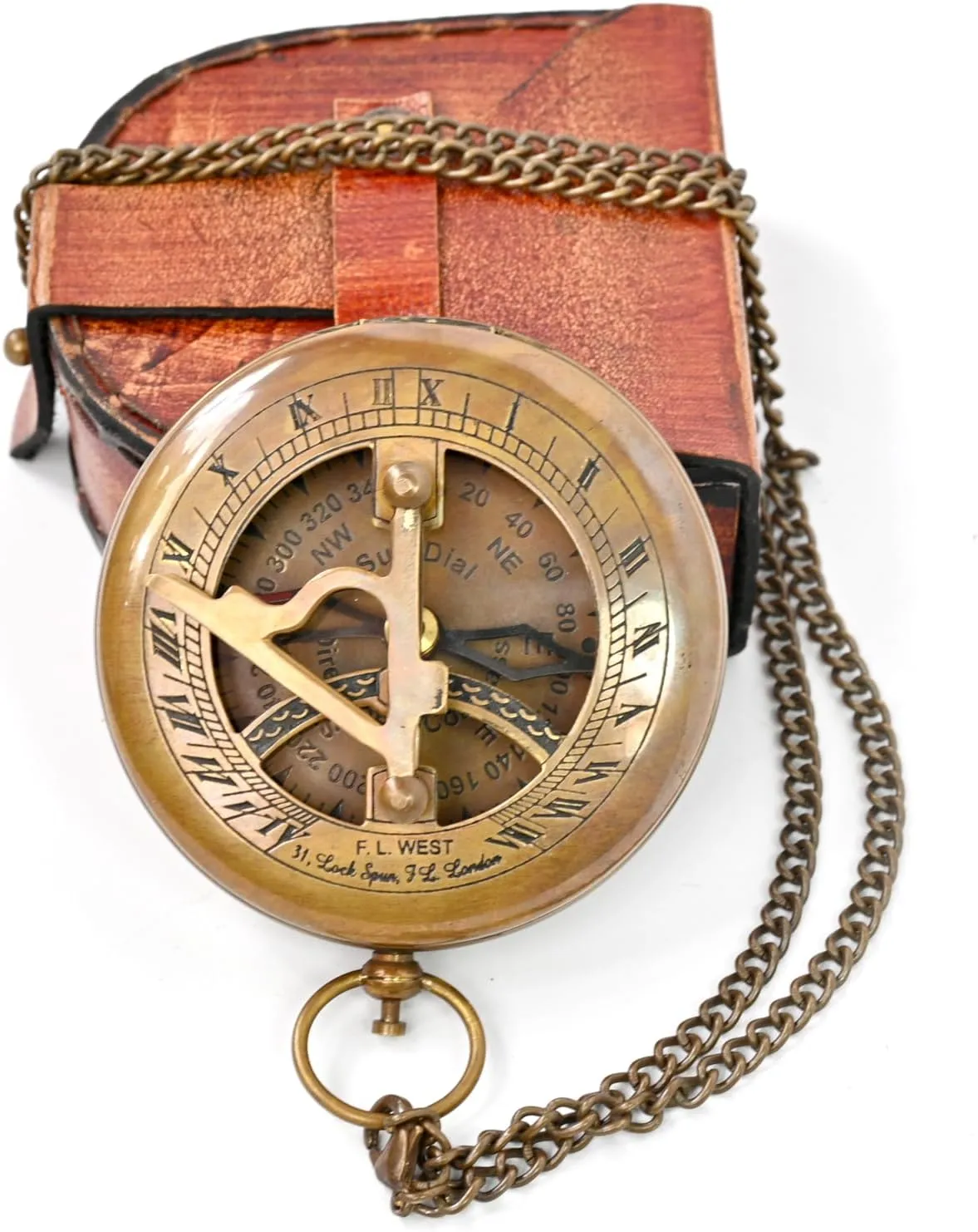 Brass Sundial Compass with Leather Case and Chain - Steampunk Accessory - Antiquated Finish - Beautiful Handmade Gift -Sundial Clock (Classic)