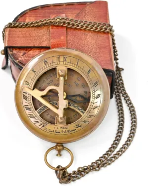Brass Sundial Compass with Leather Case and Chain - Steampunk Accessory - Antiquated Finish - Beautiful Handmade Gift -Sundial Clock (Classic)