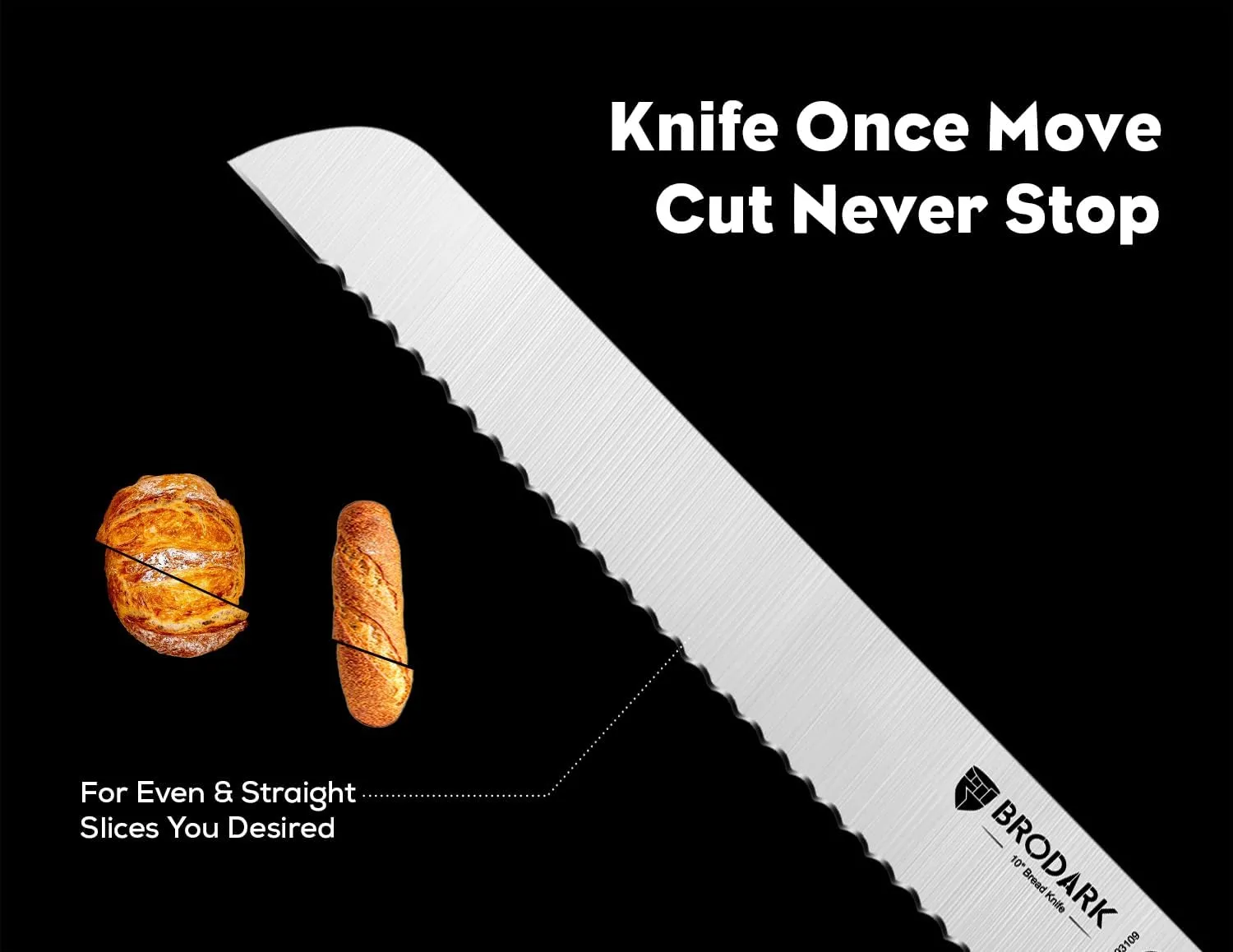 Bread Knife - 10" Serrated Knife for Homemade Bread Sourdough - High Carbon Stainless Steel, One Piece Design, Sharp Serrated Edge for Even & Straight Slicing - NSF Certified, Shark Series
