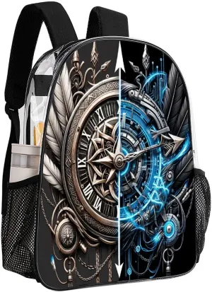Broken Clock Compass Rose Clear Backpack PVC Water Resistant Geometric Linework Hiking Business Travel Transparent Durable Daypack for Women Men 43x32x13cm