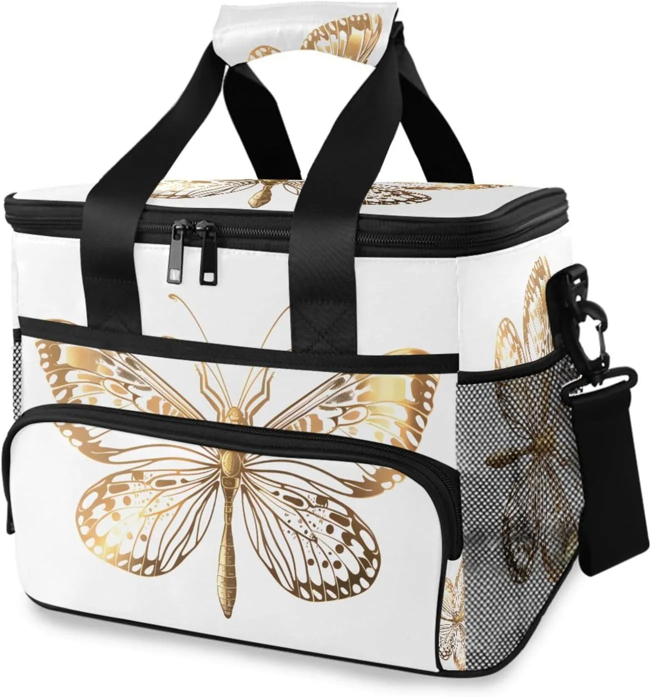 Butterfly Dragonfly Golden Cooler Bag Insulated Cooler Soft Sided Cooler 24 Can Portable Picnic Bag Large Leakproof Lunch Bag Box for Beach Grocery Camping Travel Car Men Women