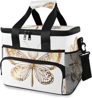 Butterfly Dragonfly Golden Cooler Bag Insulated Cooler Soft Sided Cooler 24 Can Portable Picnic Bag Large Leakproof Lunch Bag Box for Beach Grocery Camping Travel Car Men Women