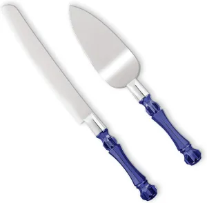 Cake Knife and Server Set, Cake Cutter and Pie Spatula, Cake Server and Knife Set with Acrylic Crystal Handles, Cake Cutting Set for Wedding Cake – 1.2mm Thick Blades, Birthdays, and Parties (Blue)